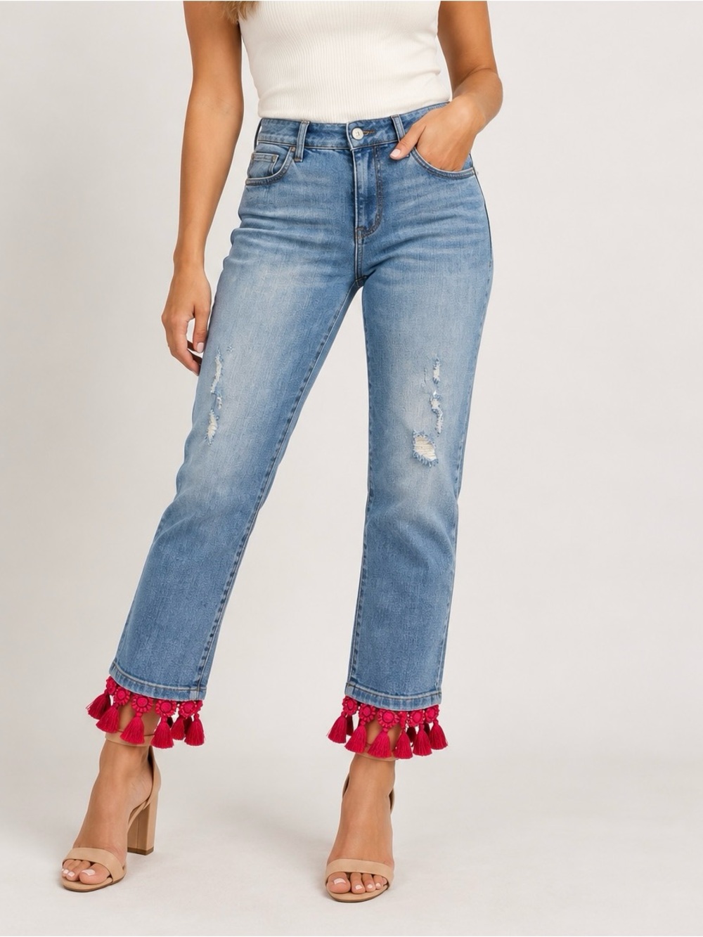Pilcro and the Letterpress Light Blue Distressed Jeans with Red Tassel Hem